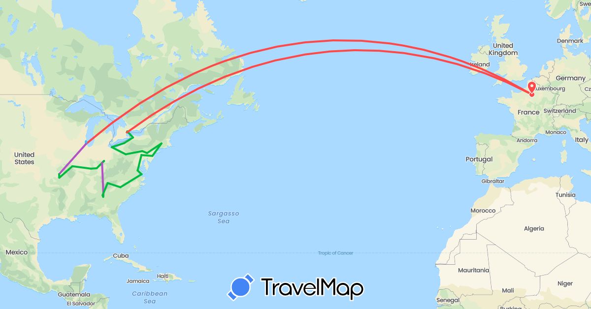 TravelMap itinerary: driving, bus, train, hiking, boat in Canada, France, United States (Europe, North America)