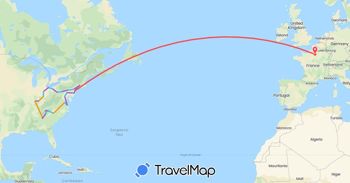 TravelMap itinerary: driving, train, hiking, boat, hitchhiking, motorbike in France, United States (Europe, North America)